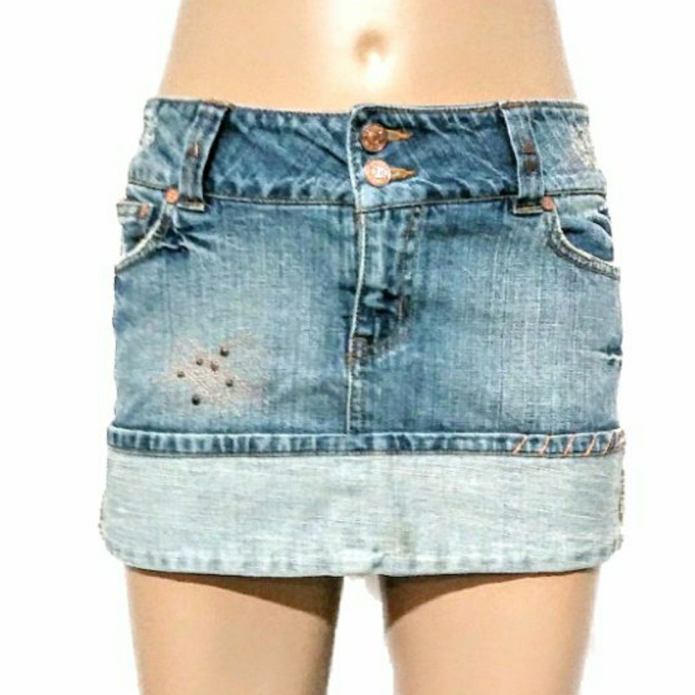 Hint Heart Wing Design Blue Jean Mini Skirt